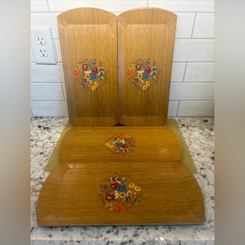 Vtg 1950s Hasko Haskelite Wooden Lap Tray Set Of 4 Floral Lithograph Design USA
